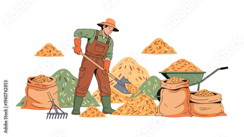 Harvest Work: A diligent worker in rural landscape, employing a shovel to move harvested grains, emphasizing agricultural toil and the essence of the harvest season.