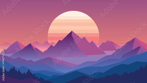 A minimalist flat vector landscape featuring a giant sun rising over a range of purple mountains