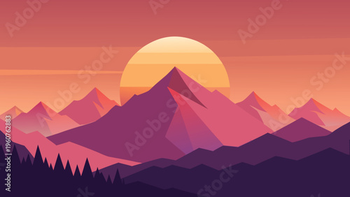 A vibrant digital illustration of a mountain range silhouetted against a large sunset in the sky