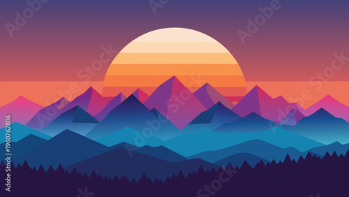 A vibrant digital illustration of a sunset over a layered mountain range and a dark forest canopy