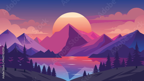 A serene digital landscape featuring a vibrant sunset over majestic purple mountains and a lake