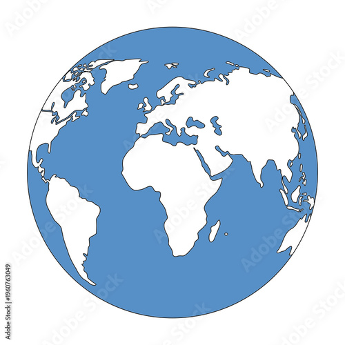 Minimalist blue and white Earth globe vector illustration, isolated world map icon on white background