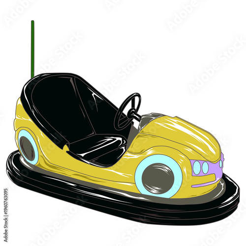 Yellow vintage bumper car illustration, amusement park dodgem isolated on white background