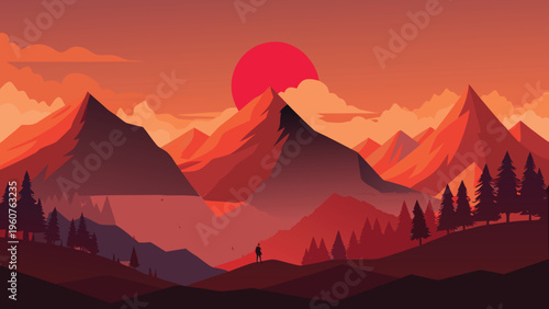 A lone silhouette stands before a vast mountain range under a glowing red sunset in the wilderness