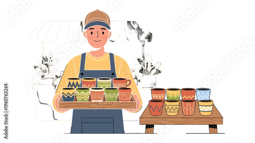 Artisan of Artistic Vessels: A cheerful artisan proudly presents his handmade ceramic cups and pots, showcasing intricate designs and patterns.