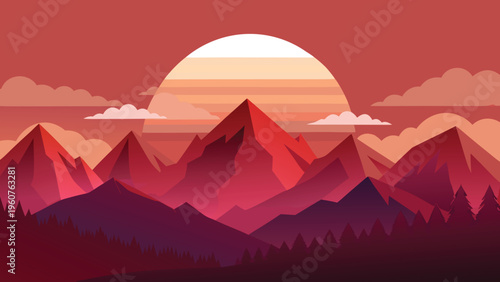 A minimalist vector illustration of a majestic mountain range during a vibrant sunset landscape