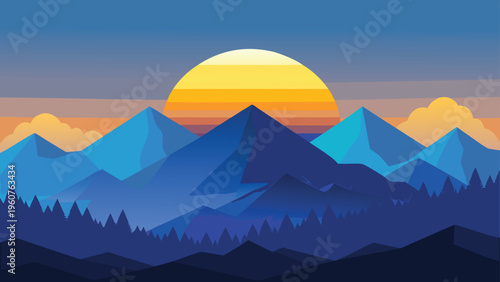 A beautiful minimalist digital illustration of a sunset over jagged blue mountains and a forest