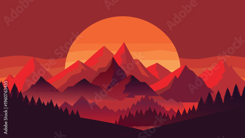 A minimalist flat vector illustration of a mountain range set against a vibrant setting sun glow