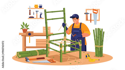 Craftsman and Bamboo Craft: A skilled craftsman meticulously weaves a bamboo chair in his workshop, showcasing the artistry of sustainable crafting.