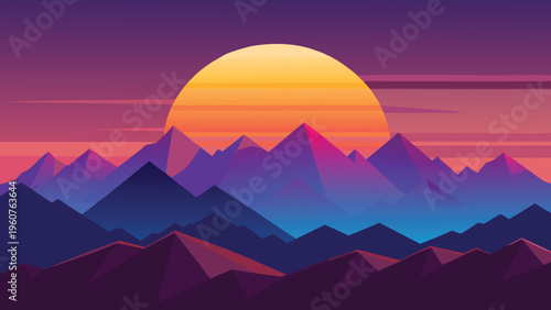 A vibrant synthwave style landscape featuring a giant glowing sun rising over jagged purple mountains