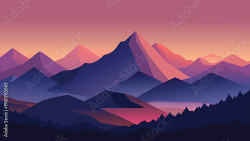 A serene digital landscape featuring layered mountain peaks under a beautiful sunset gradient sky