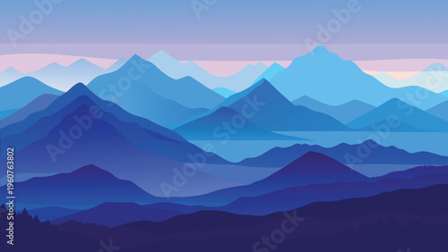 A serene minimalist landscape illustration featuring layers of blue mountains under a twilight sky