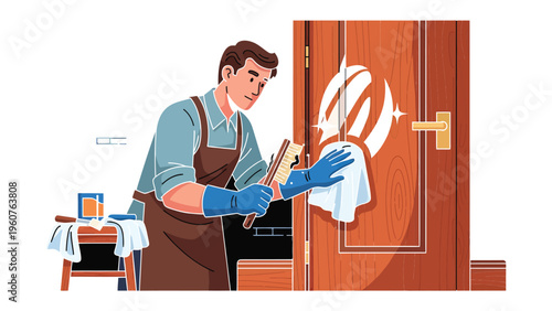 Cleaning a Door with a Cloth: An illustration captures a dedicated cleaner meticulously wiping down a wooden door with a cloth, with the door in focus. The scene portrays cleaning, maintenance.
