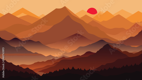 A minimalist flat illustration depicting a serene mountain range at sunset with a bright red sun