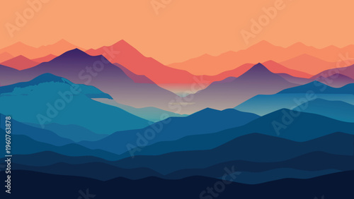 A serene digital illustration featuring layered mountain ranges under a warm sunset sky background