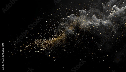 Black and gold dust explosion with fine particles and smoky texture on dark background, creating a dramatic, luxurious abstract scene with dynamic motion and elegant contrast.