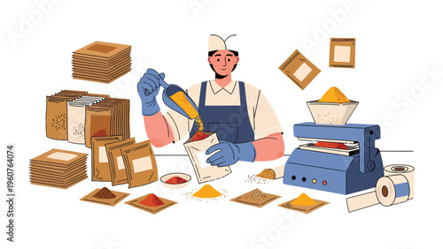The Packaging Professional: A dedicated professional meticulously packages colorful spices, demonstrating precision and care in the process.