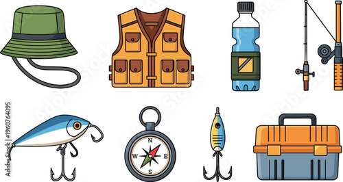 Fishing and Outdoor Gear Vector Set Featuring Hat Vest Water Bottle Rod Lures Compass and Tackle Box Flat Cartoon Adventure Illustration Collection