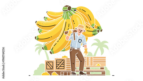 Banana Harvest Journey: An illustration captures the essence of a banana harvest, depicting a worker carrying a bundle of ripe bananas, accompanied by crates, palm trees, and verdant landscapes.
