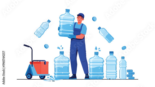 Hydration Delivery: An illustration of a diligent worker delivers refreshing water bottles, promoting health and wellness. 