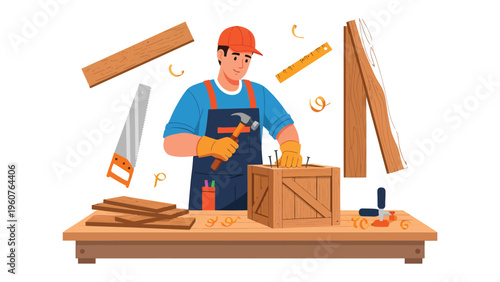 Artisan Crafting: A skilled artisan, clad in a workshop setting, meticulously crafts a wooden crate with precision and expertise, demonstrating the art of woodworking.