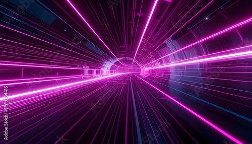 Futuristic neon tunnel with glowing lines and dynamic motion, representing speed, data flow, cyberspace, and advanced technology in a vibrant cyberpunk style background.