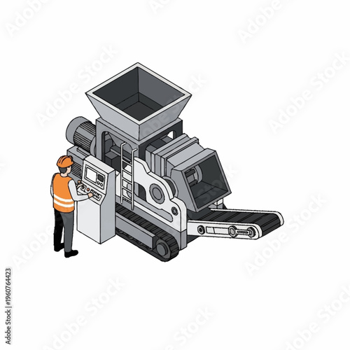 Industrial worker operating a large mobile crushing machine with a conveyor belt.