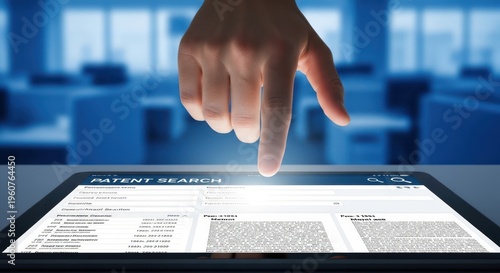 Hand interacting with patent search database on digital screen, legal research, blue corporate background, shallow depth.