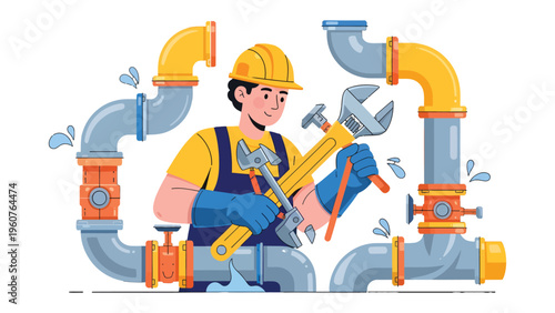 Plumber at Work: A skilled plumber tackles intricate pipes, using a wrench to repair and maintain the essential infrastructure, showcasing dedication to the trade. 