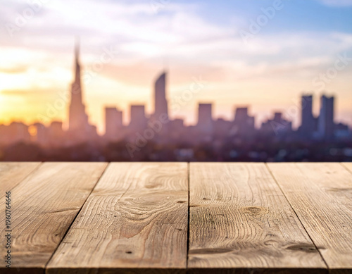Rustic wooden table top against a blurred urban skyline at sunset. This warm, cinematic scene is perfect for product placement, digital marketing, and luxury lifestyle presentations.