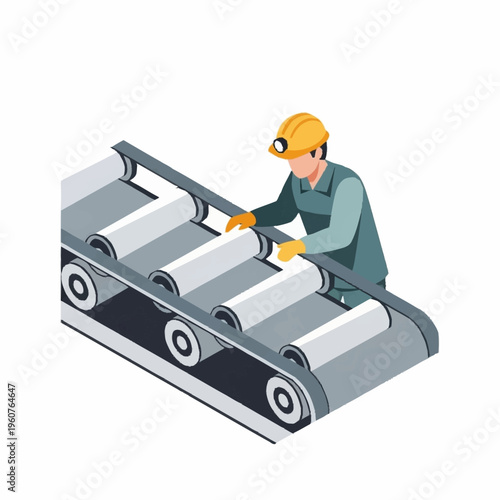 Industrial worker overseeing conveyor belt operation in manufacturing plant.