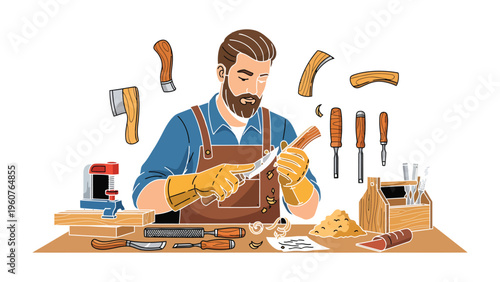 Artisan's Craft: A skilled artisan meticulously works on a wooden piece, showcasing the patience, precision, and passion that goes into the craft. Surrounded by tools of the trade.