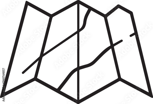 A black and white minimalist line art of a folded road map. The design presents a visual guide and navigational tool. 