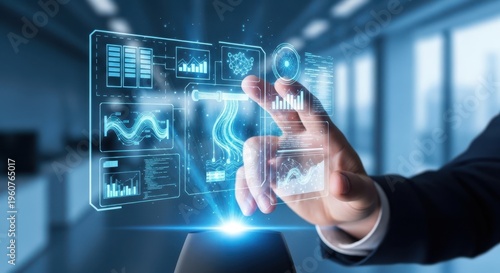 Hand interacting with remote server access on hologram, IT infrastructure, blue corporate background, shallow depth.