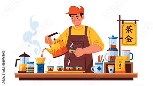 Tea Ceremony: A skilled artisan, clad in a brown apron and orange cap, gracefully pours steaming tea into delicate cups. The traditional setting exudes an inviting and calm ambiance.
