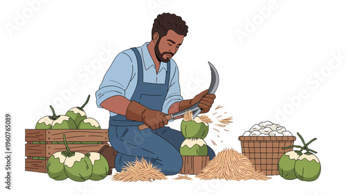 Coconut Artisan: A skilled craftsman meticulously carves fresh coconuts, surrounded by the tools and materials of his trade.  A celebration of artisanal skill and fresh produce.