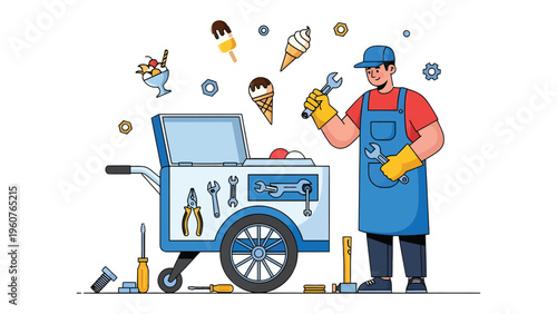 Ice Cream Cart Technician: A cheerful technician, armed with tools, and ready to service an ice cream cart filled with assorted treats, embodying helpful service and attention.