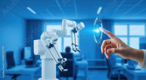 Hand interacting with robotic surgery arm on hologram, medical tech, blue office background, realistic photography.
