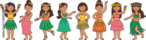 Tropical Dance Poses of Young Girls with Floral Accessories and Colorful Skirts
