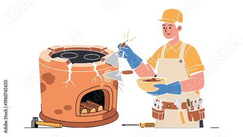 Oven Artisan: A skilled artisan meticulously works on a clay oven, employing precision and expertise to bring the structure to life with a focused, dedicated spirit.