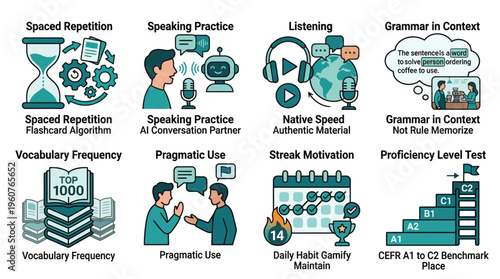 Language Learning App Features and Education Methods Icons Set