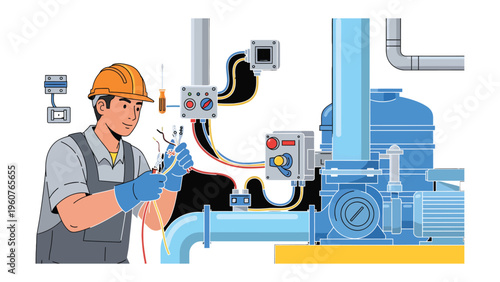Electrician's Precision: A skilled electrician meticulously works on complex wiring within an industrial setting, ensuring smooth operations.