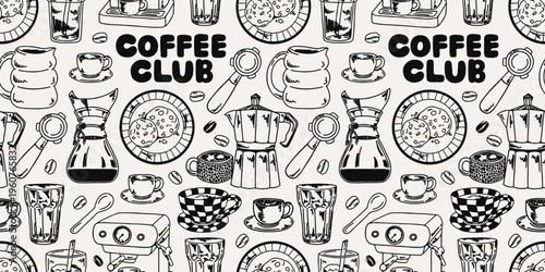 Black and white seamless coffee shop pattern with cups, moka pots, espresso machines, beans, and coffee club lettering. Cozy cafe themed background with repeating doodle elements and retro mood style.