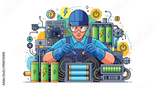 Innovative Power: A skilled technician, immersed in a futuristic setup, carefully handles electrical components, embodying the essence of technological innovation.