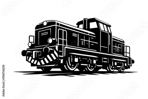 Low-angle perspective of a diesel switcher locomotive emphasizing compact industrial