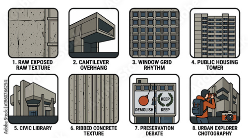 Brutalist Architecture Key Features and Design Elements Illustration Set