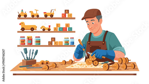 Craftsman at Work: A skilled craftsman, engrossed in meticulous woodworking, meticulously crafting miniature toys with precision and dedication. Surrounded by the tools of his trade.