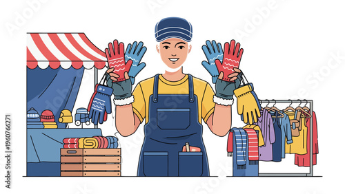 Shopkeeper's Display: A cheerful shopkeeper showcases an array of warm winter gloves at a vibrant outdoor market stall.