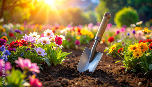 Gardening tool in flowerbed with colorful blooms under bright sunlight background