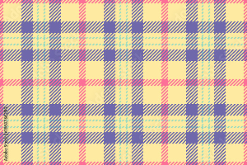 Apparel check background seamless, fiber vector plaid fabric. Single texture pattern tartan textile in yellow and indigo colors.